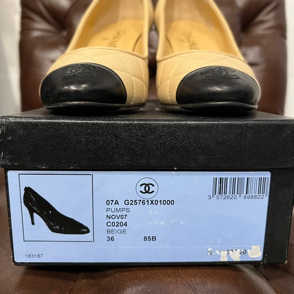 Chanel Quilted Beige Leather Pumps Black Cap Toe CC Logo 36